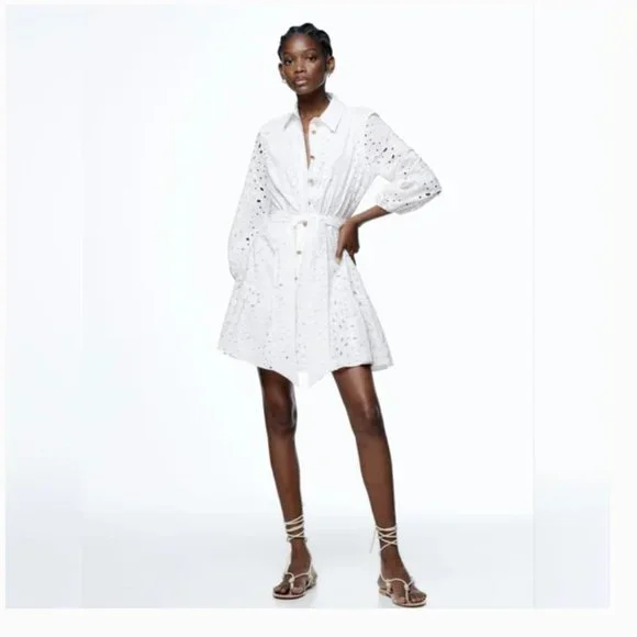 Zara Dresses Nwt Zara Embroidered White Collared Shirt Mini